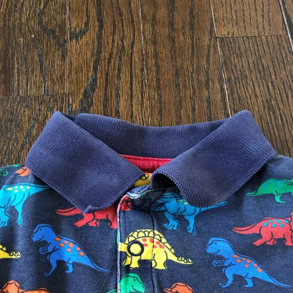 JoJo Maman Bebe Boys 2-3Y Blue Multi-Colored Dinosaurs Collared Long-Sleeve Polo
